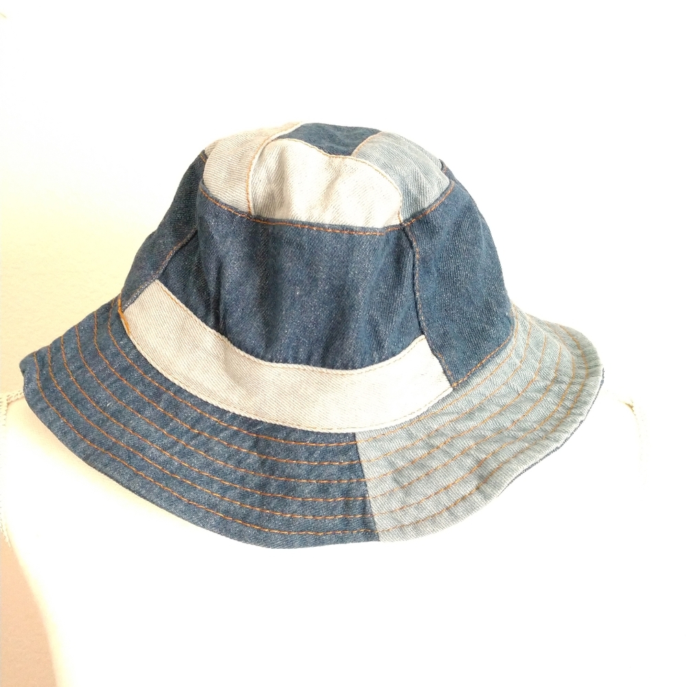 Denim Patchwork Bucket Hat Sun Hat Mixed Blues Adult Unisex One Size